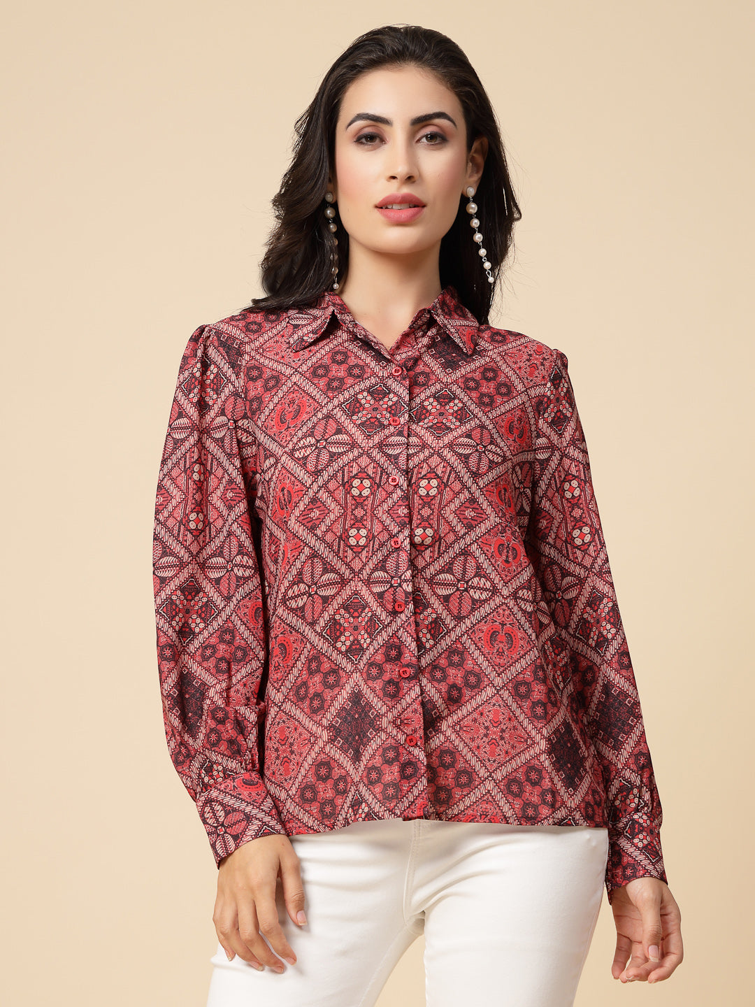 Gipsy Women Orange Beige Combo Printed Georgette Bishop Full Sleeve Collared Neck Shirt