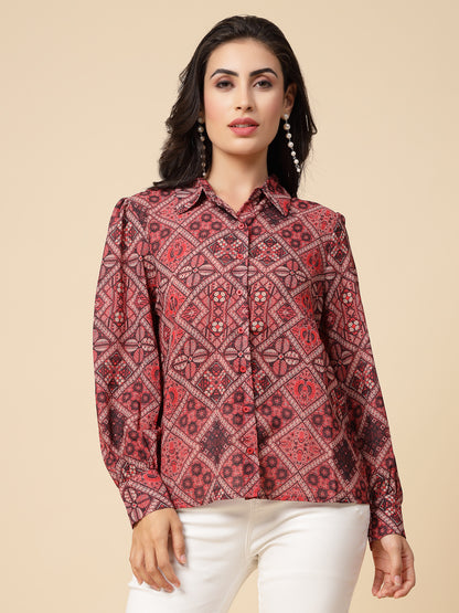 Gipsy Women Orange Beige Combo Printed Georgette Bishop Full Sleeve Collared Neck Shirt