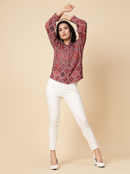 Gipsy Women Orange Beige Combo Printed Georgette Bishop Full Sleeve Collared Neck Shirt