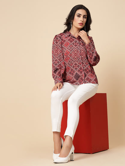 Gipsy Women Orange Beige Combo Printed Georgette Bishop Full Sleeve Collared Neck Shirt