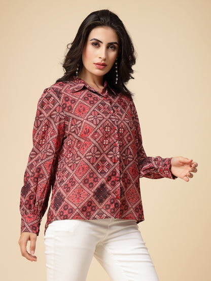 Gipsy Women Orange Beige Combo Printed Georgette Bishop Full Sleeve Collared Neck Shirt