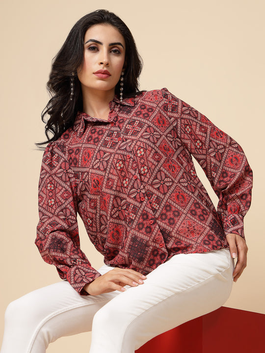 Gipsy Women Orange Beige Combo Printed Georgette Bishop Full Sleeve Collared Neck Shirt