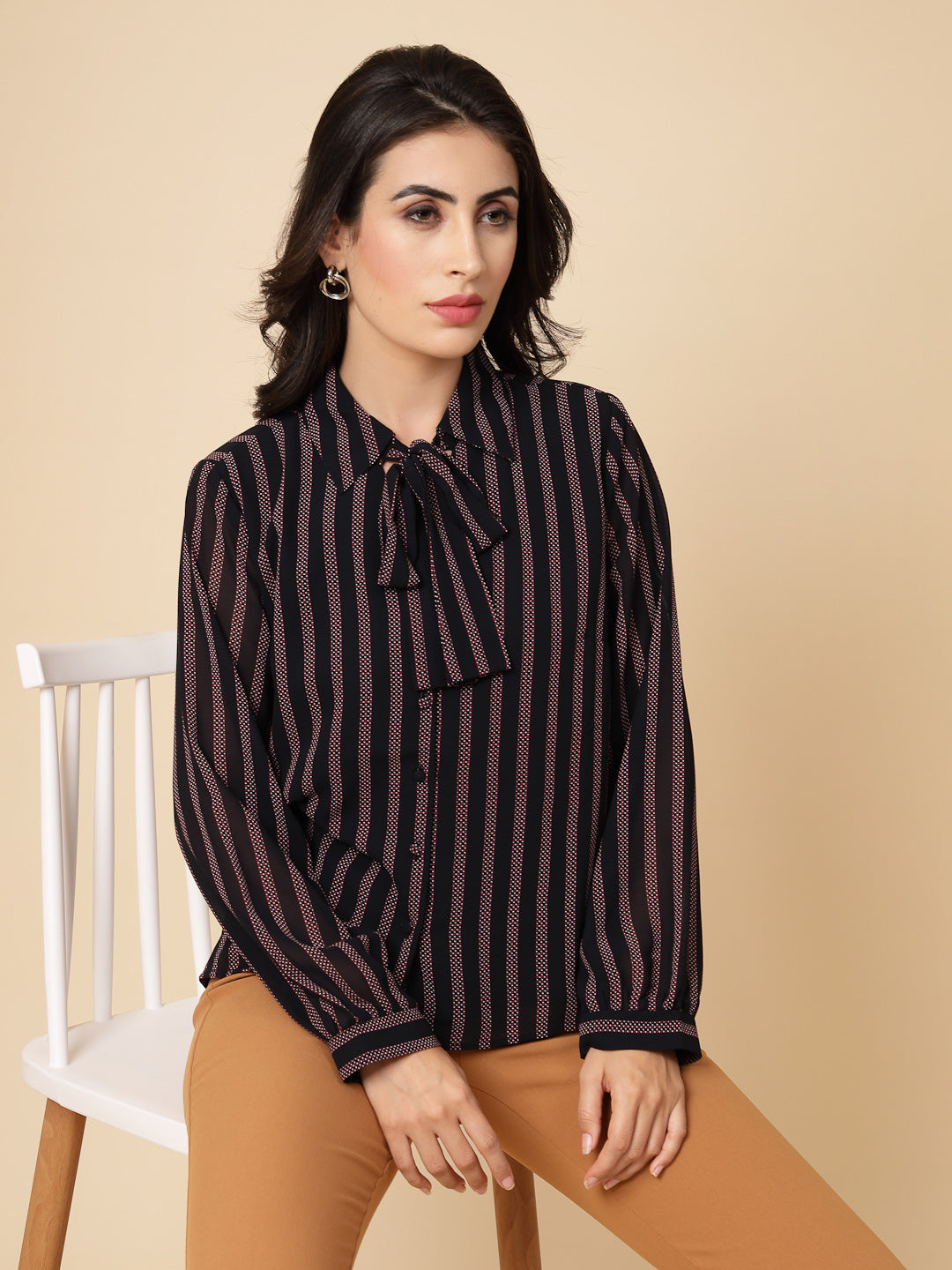 Gipsy Women Navy Stripes Georgette Bishop Full Sleeve Collared Tie Neck Shirt