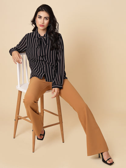 Gipsy Women Navy Stripes Georgette Bishop Full Sleeve Collared Tie Neck Shirt