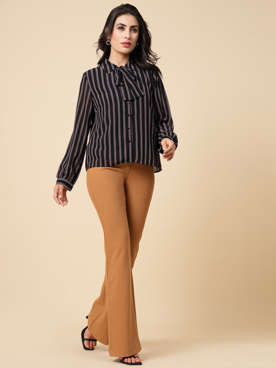 Gipsy Women Navy Stripes Georgette Bishop Full Sleeve Collared Tie Neck Shirt