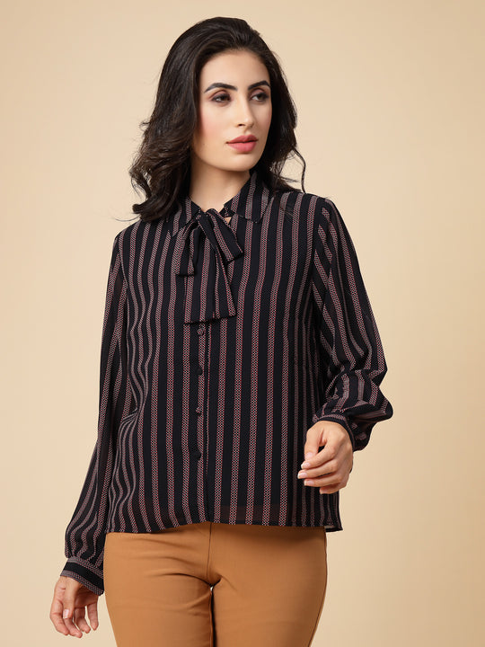 Gipsy Women Navy Stripes Georgette Bishop Full Sleeve Collared Tie Neck Shirt