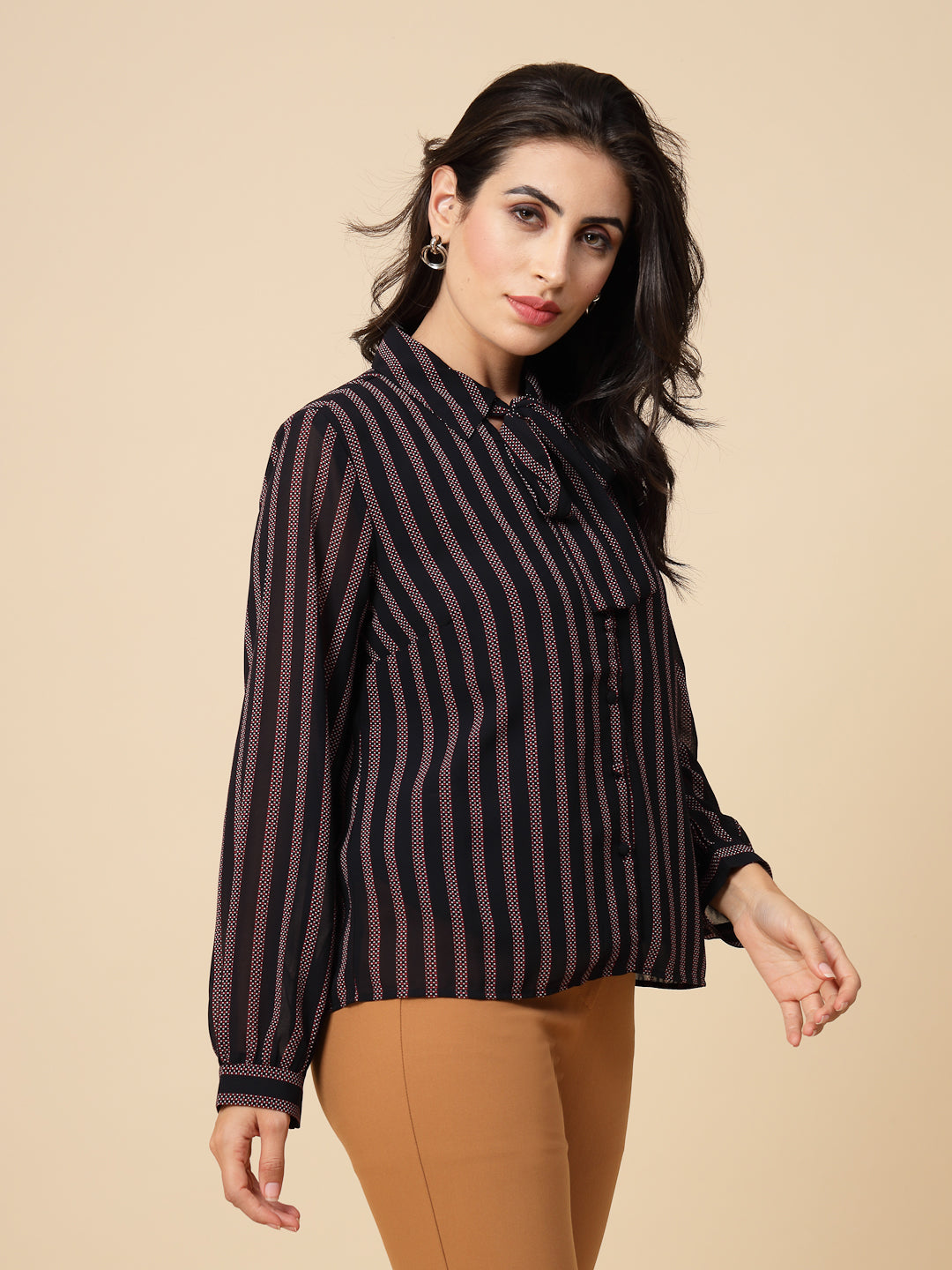 Gipsy Women Navy Stripes Georgette Bishop Full Sleeve Collared Tie Neck Shirt