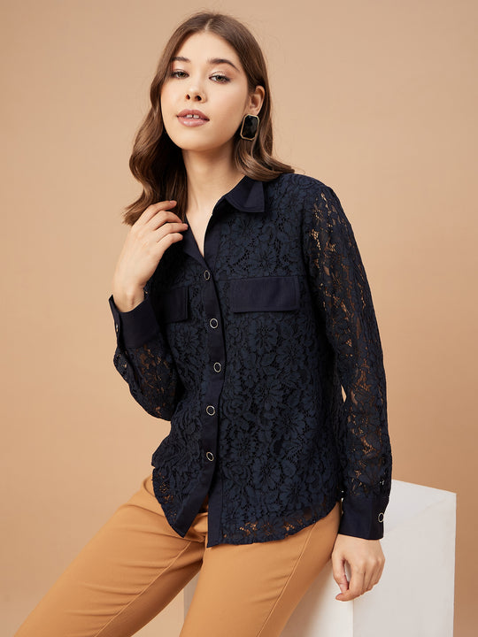 Gipsy Women Navy Solid Net Fabric Bishop Sleeve Crew Neck Shirt