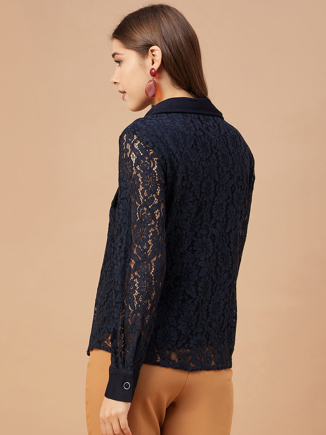 Gipsy Women Navy Solid Net Fabric Bishop Sleeve Crew Neck Shirt