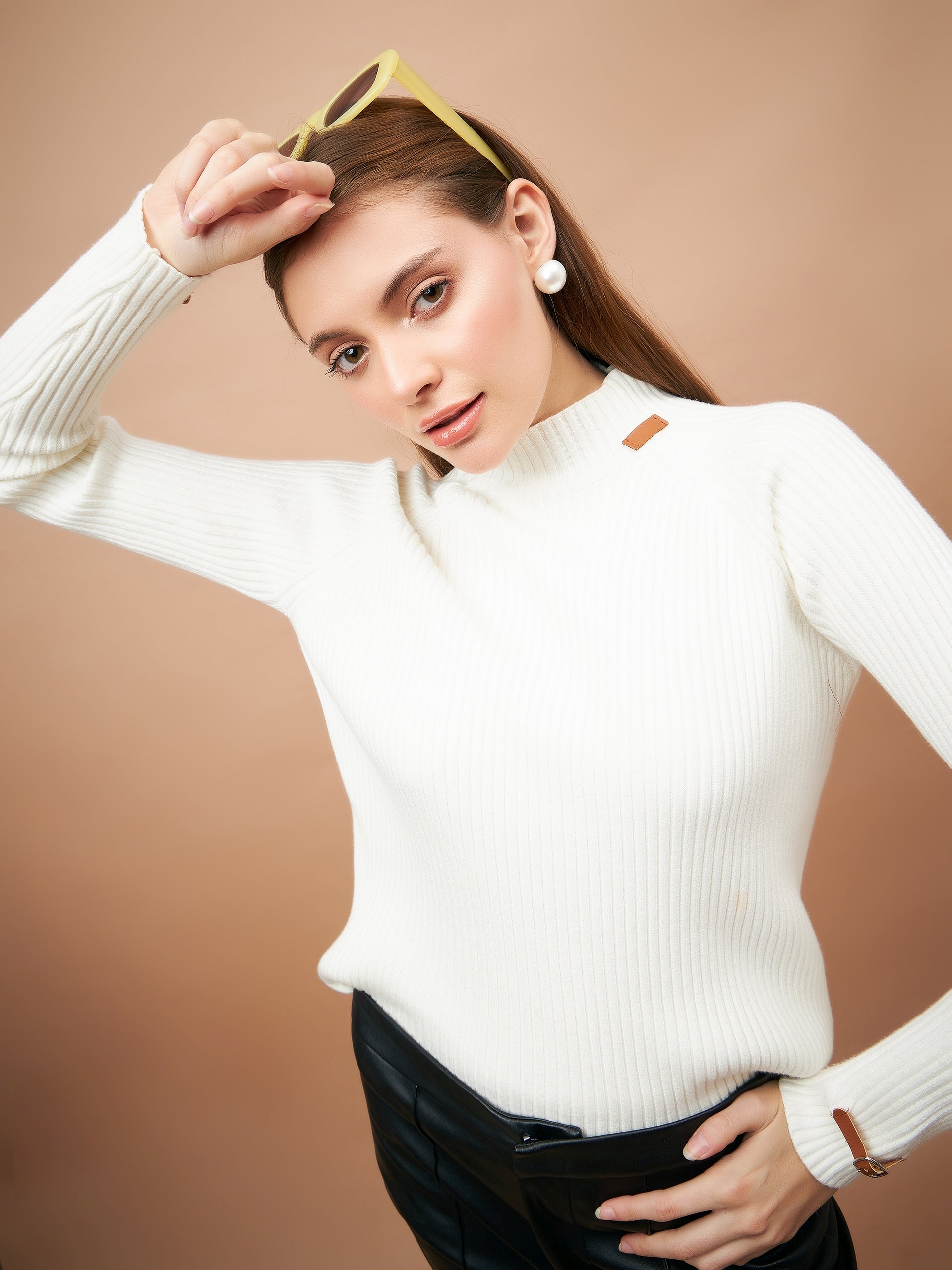 Gipsy Women Round Neck Straight Full Sleeve Acrylic Fabric Cream Sweaters