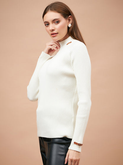 Gipsy Women Round Neck Straight Full Sleeve Acrylic Fabric Cream Sweaters