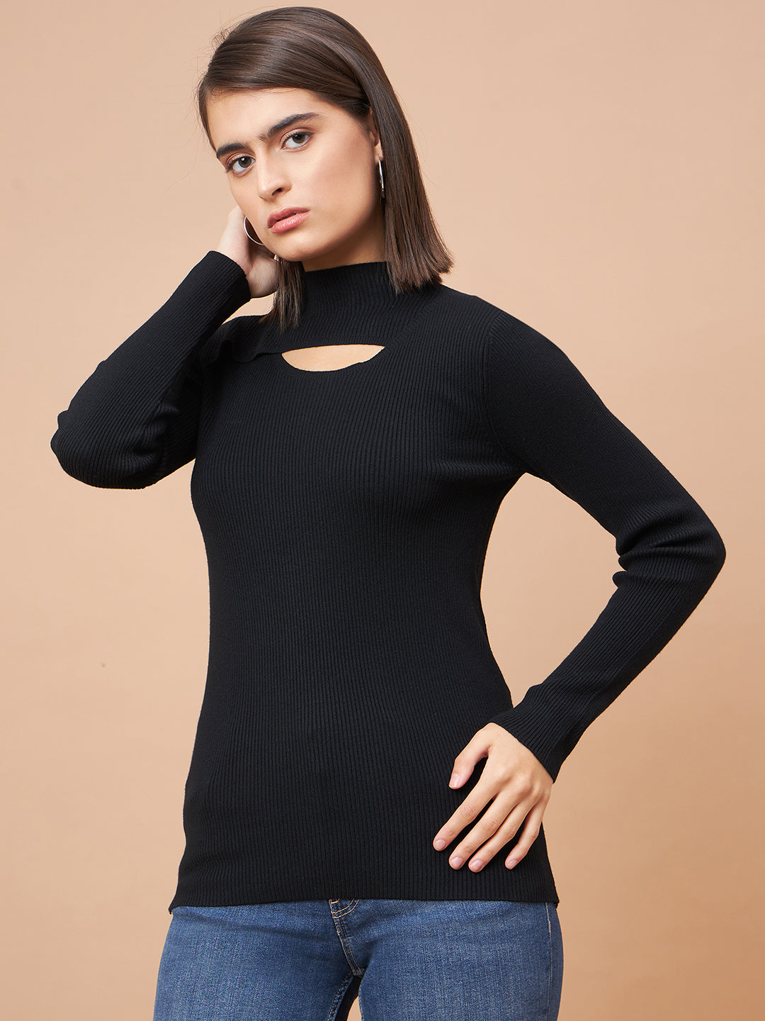 Gipsy Women Crew Neck Straight Full Sleeve Acrylic Fabric Black Sweaters