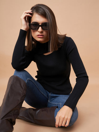 Gipsy Women Crew Neck Straight Full Sleeve Acrylic Fabric Black Sweaters