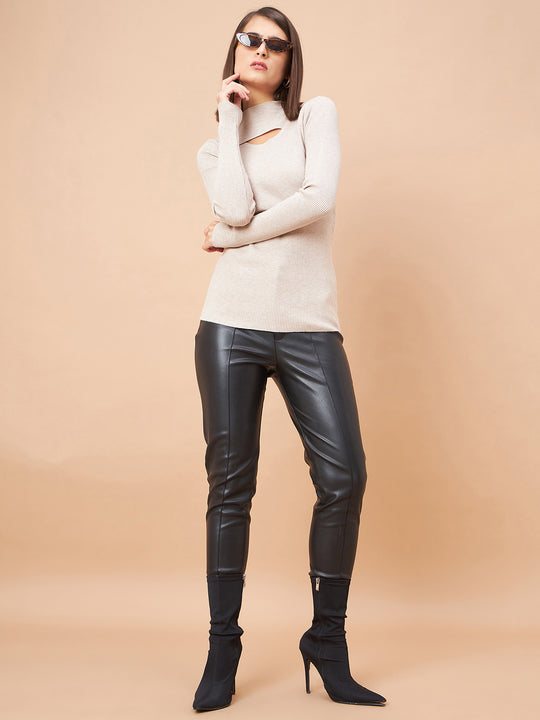 Gipsy Women Crew Neck Straight Full Sleeve Acrylic Fabric Khaki Sweaters