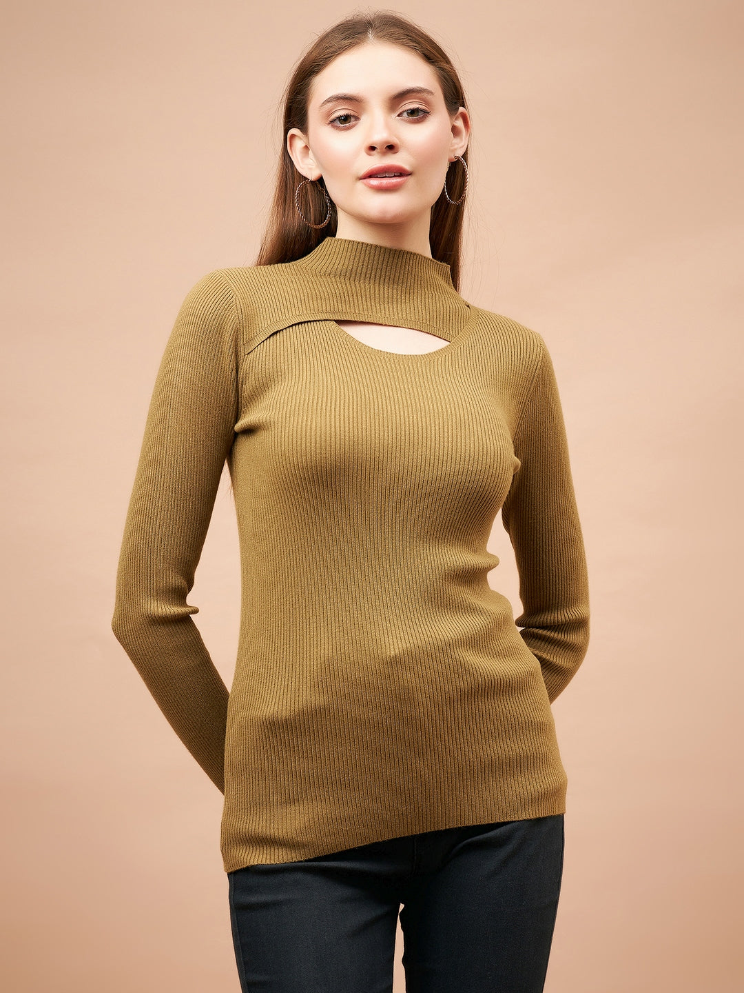 Gipsy Women Crew Neck Straight Full Sleeve Acrylic Fabric Mustard Sweaters