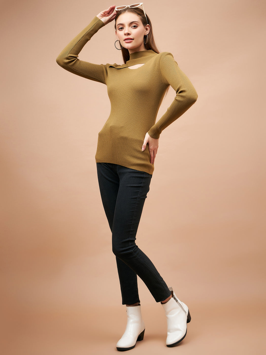 Gipsy Women Crew Neck Straight Full Sleeve Acrylic Fabric Mustard Sweaters
