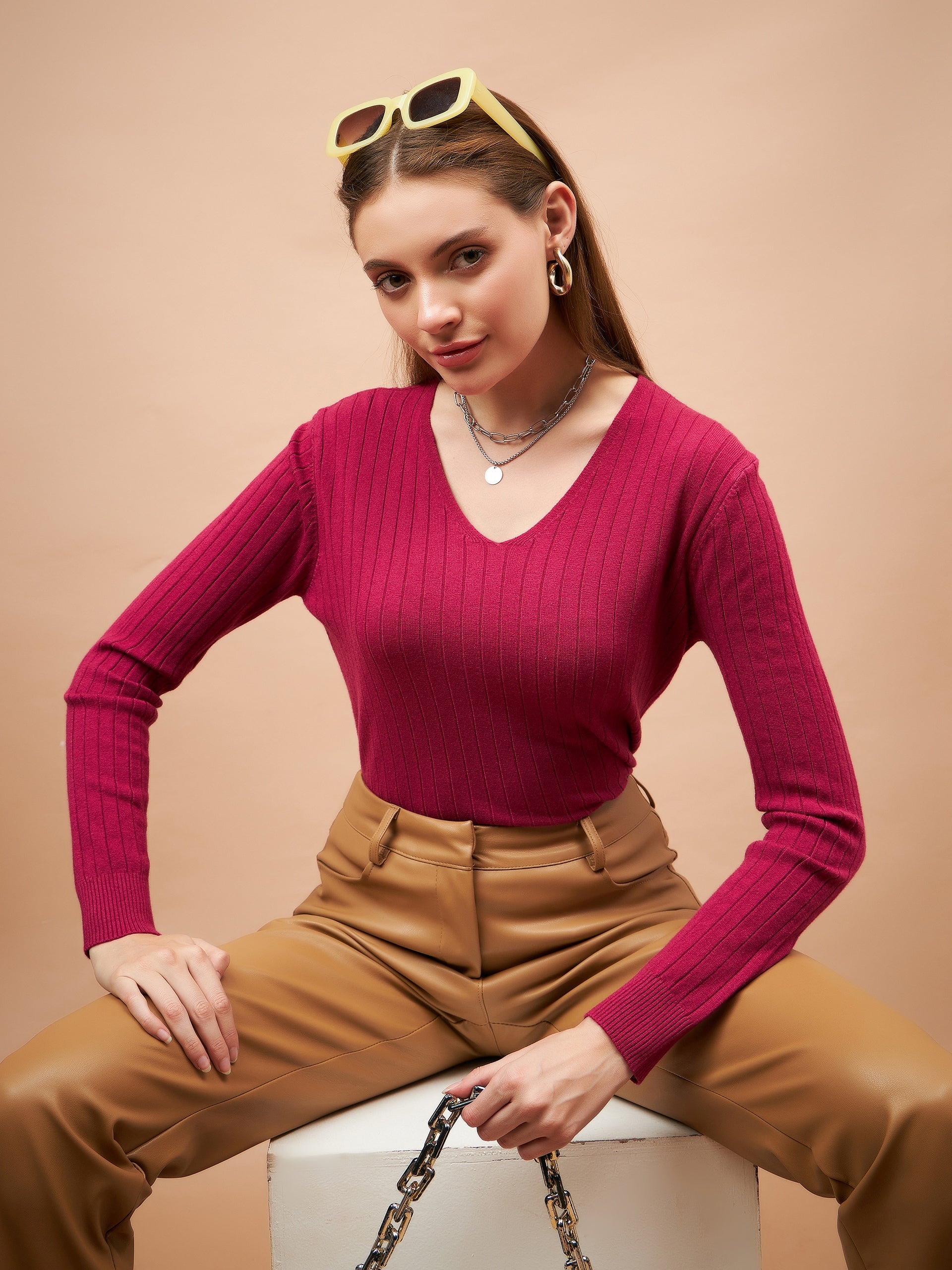 Gipsy Women V-Neck Straight Full Sleeve Acrylic Fabric Fuchsia Sweaters