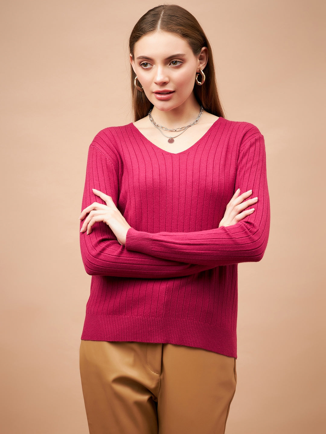 Gipsy Women V-Neck Straight Full Sleeve Acrylic Fabric Fuchsia Sweaters