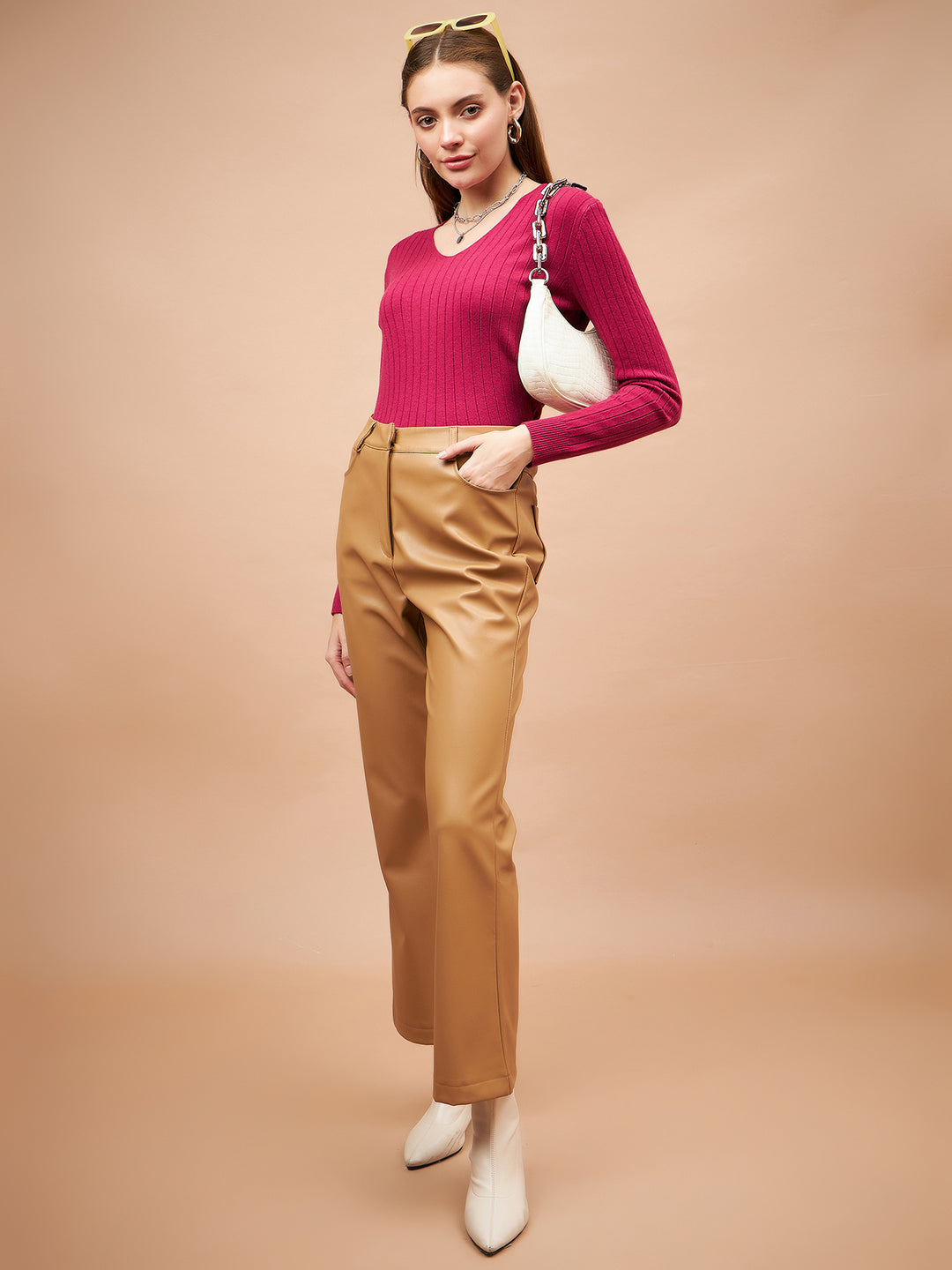 Gipsy Women V-Neck Straight Full Sleeve Acrylic Fabric Fuchsia Sweaters