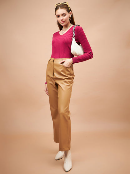 Gipsy Women V-Neck Straight Full Sleeve Acrylic Fabric Fuchsia Sweaters