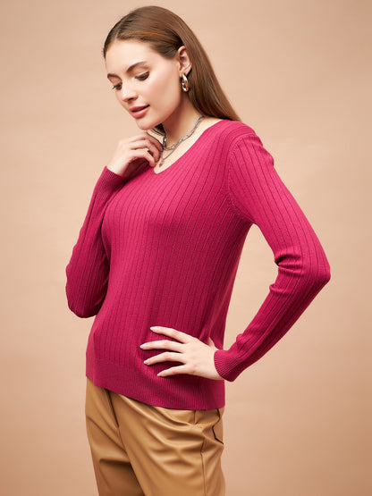 Gipsy Women V-Neck Straight Full Sleeve Acrylic Fabric Fuchsia Sweaters