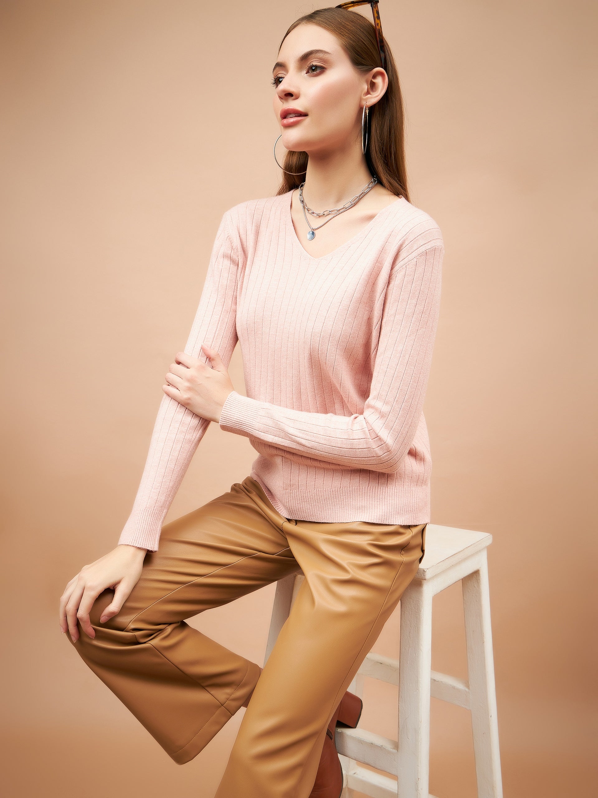 Gipsy Women V-Neck Straight Full Sleeve Acrylic Fabric Pink Sweaters
