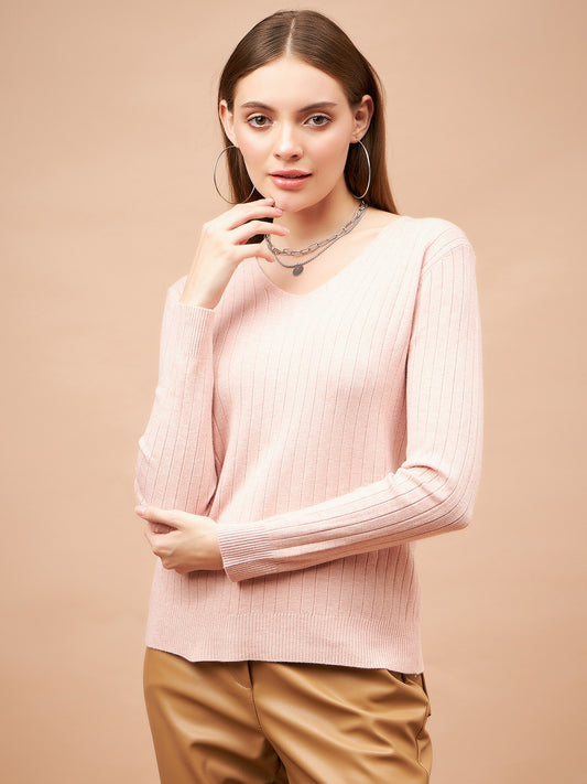 Gipsy Women V-Neck Straight Full Sleeve Acrylic Fabric Pink Sweaters