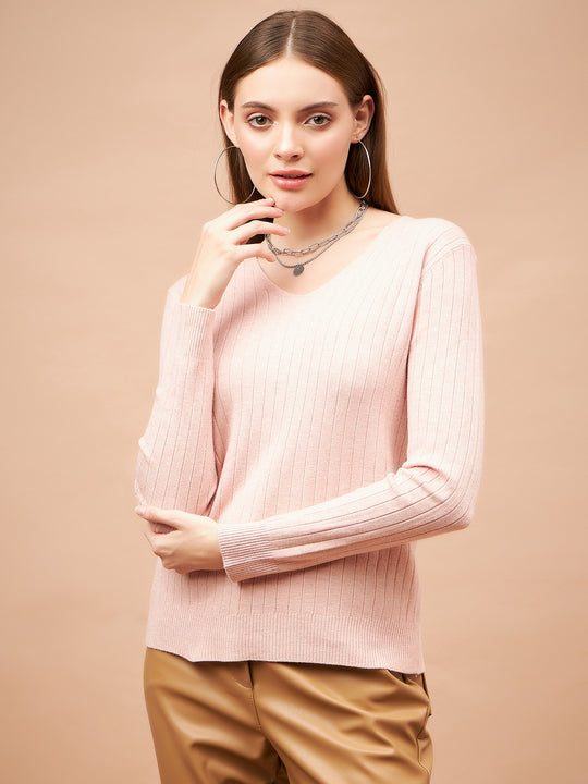 Gipsy Women V-Neck Straight Full Sleeve Acrylic Fabric Pink Sweaters