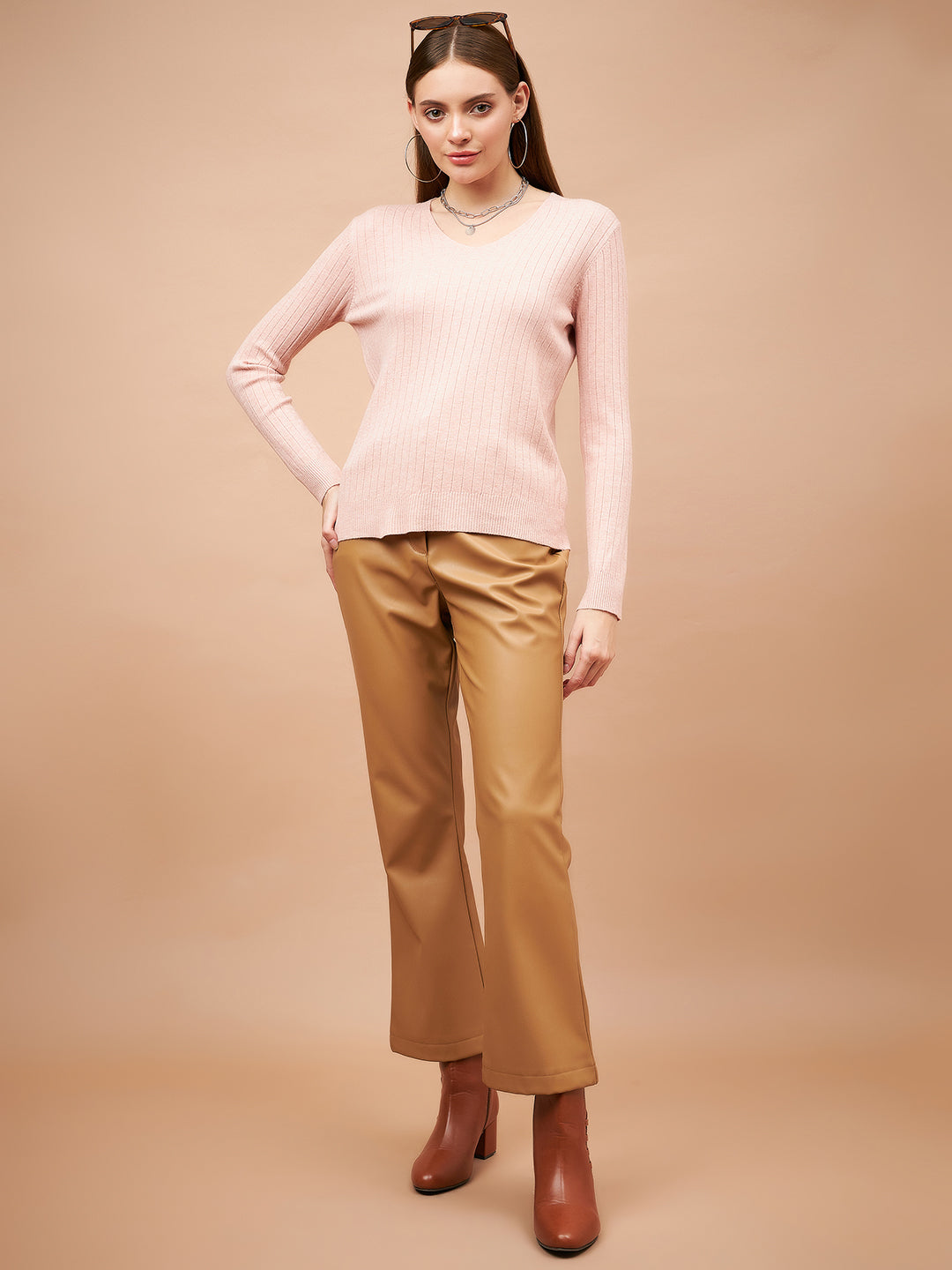 Gipsy Women V-Neck Straight Full Sleeve Acrylic Fabric Pink Sweaters