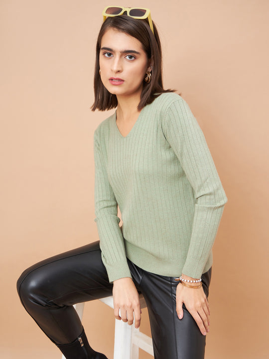 Gipsy Women V-Neck Straight Full Sleeve Acrylic Fabric Sage Sweaters