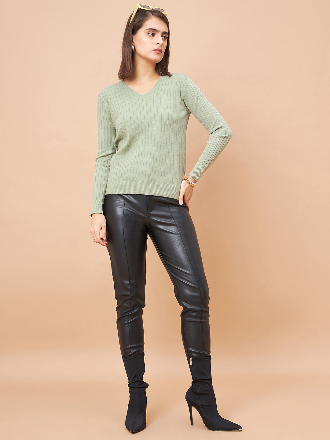 Gipsy Women V-Neck Straight Full Sleeve Acrylic Fabric Sage Sweaters