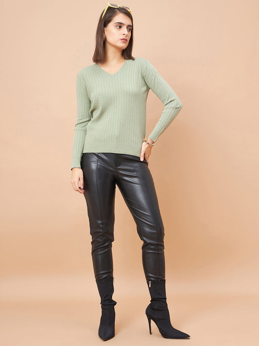 Gipsy Women V-Neck Straight Full Sleeve Acrylic Fabric Sage Sweaters