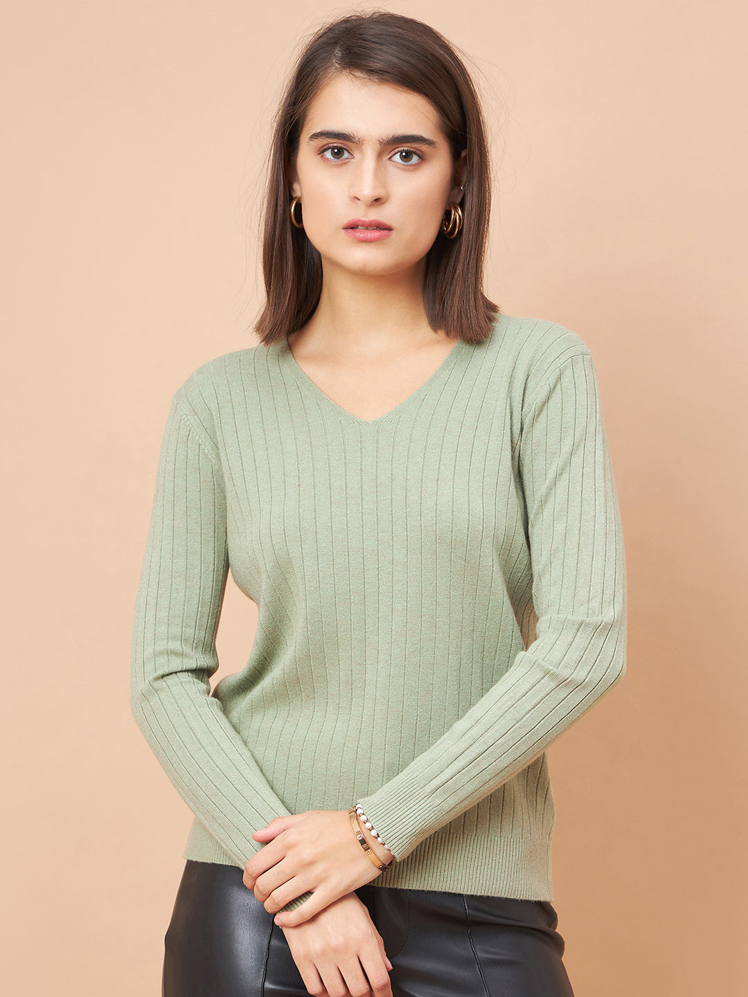 Gipsy Women V-Neck Straight Full Sleeve Acrylic Fabric Sage Sweaters