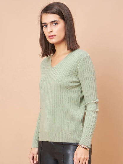Gipsy Women V-Neck Straight Full Sleeve Acrylic Fabric Sage Sweaters