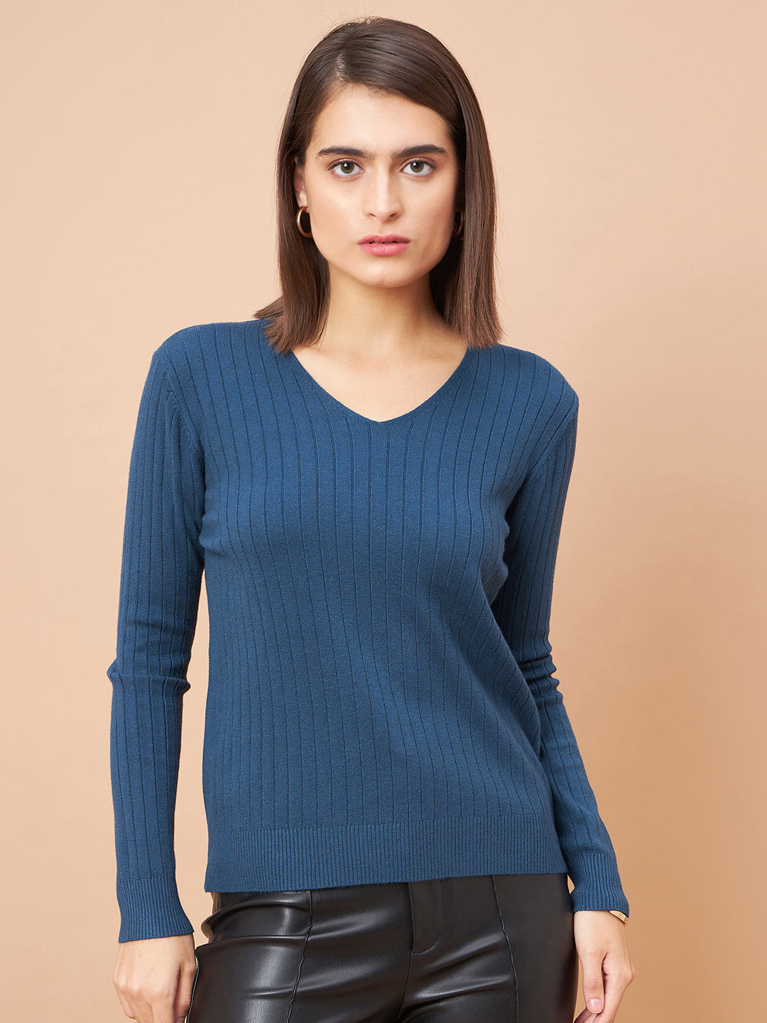 Gipsy Women V-Neck Straight Full Sleeve Acrylic Fabric Teal Sweaters