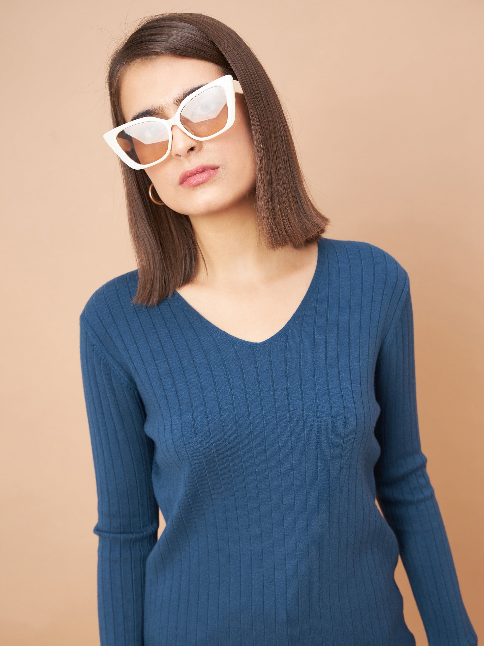 Gipsy Women V-Neck Straight Full Sleeve Acrylic Fabric Teal Sweaters