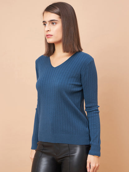 Gipsy Women V-Neck Straight Full Sleeve Acrylic Fabric Teal Sweaters