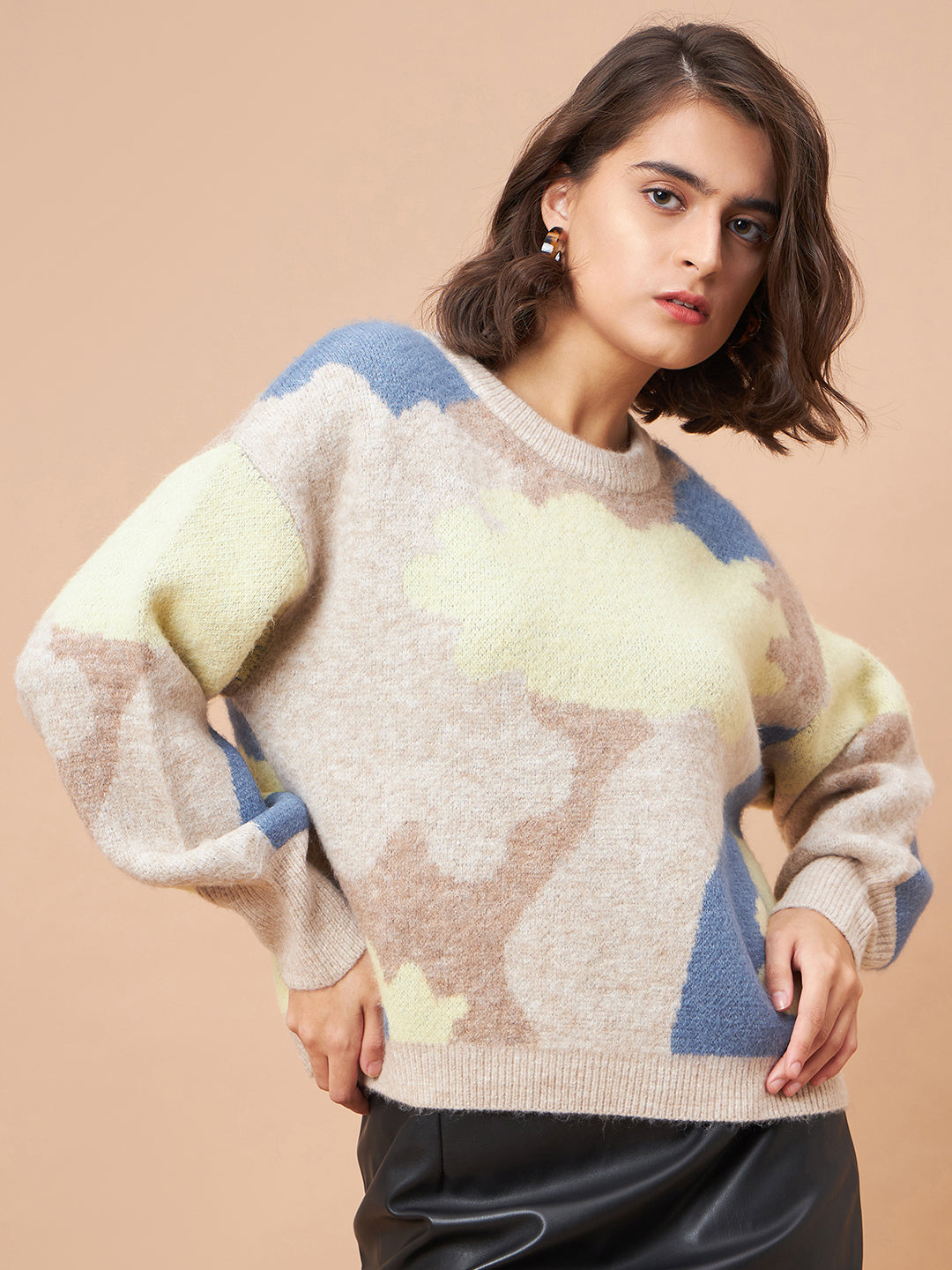 Gipsy Women Round Neck Straight Full Sleeve Acrylic Fabric Khaki Sweaters