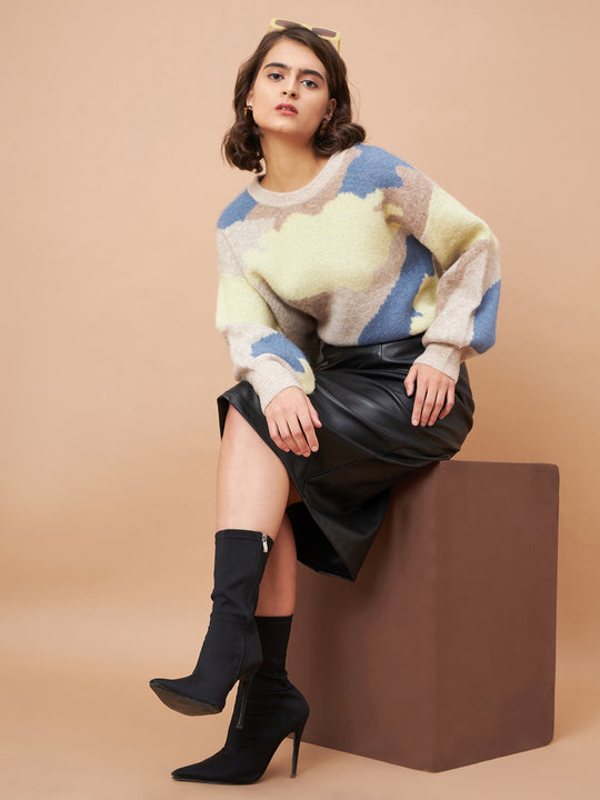 Gipsy Women Round Neck Straight Full Sleeve Acrylic Fabric Khaki Sweaters