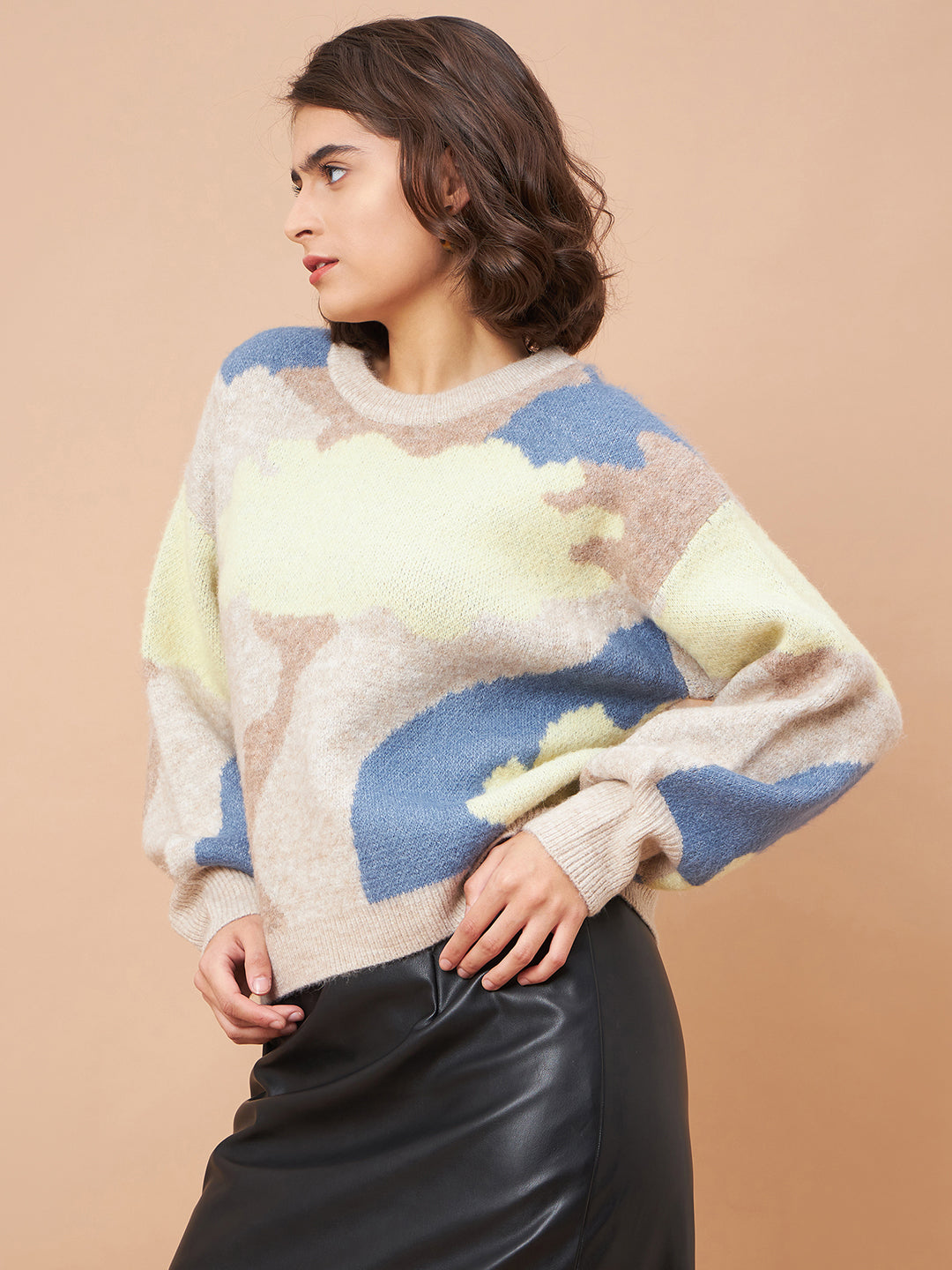 Gipsy Women Round Neck Straight Full Sleeve Acrylic Fabric Khaki Sweaters