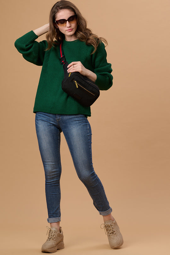 Gipsy Women Round Neck Regular  Full Sleeves Acrylic Fabric Bottle Green Sweaters