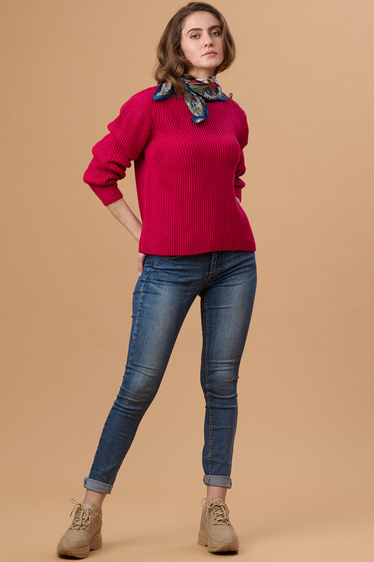 Gipsy Women Round Neck Regular  Full Sleeves Acrylic Fabric Magenta Sweaters