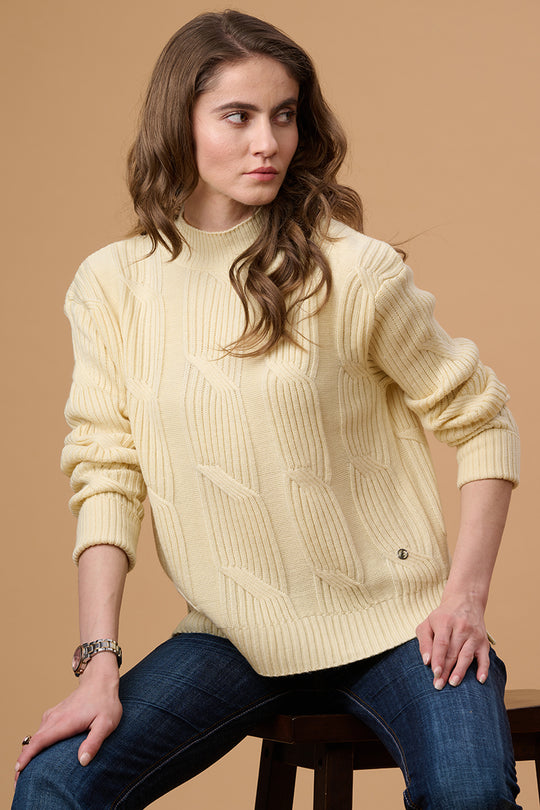 Gipsy Women Crew Neck Regular  Full Sleeves Acrylic Fabric Off White Sweaters