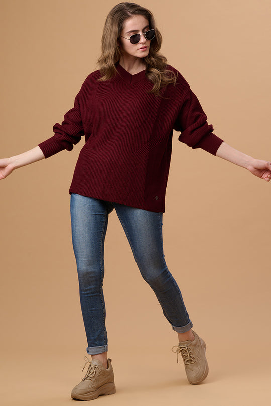 Gipsy Women V-Neck Regular  Full Sleeves Acrylic Fabric Wine Sweaters