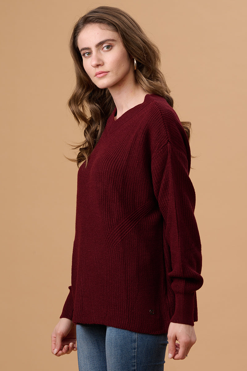 Gipsy Women V-Neck Regular  Full Sleeves Acrylic Fabric Wine Sweaters