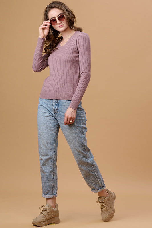 Gipsy Women V-Neck Regular  Full Sleeves Acrylic Fabric Aubergine Sweaters