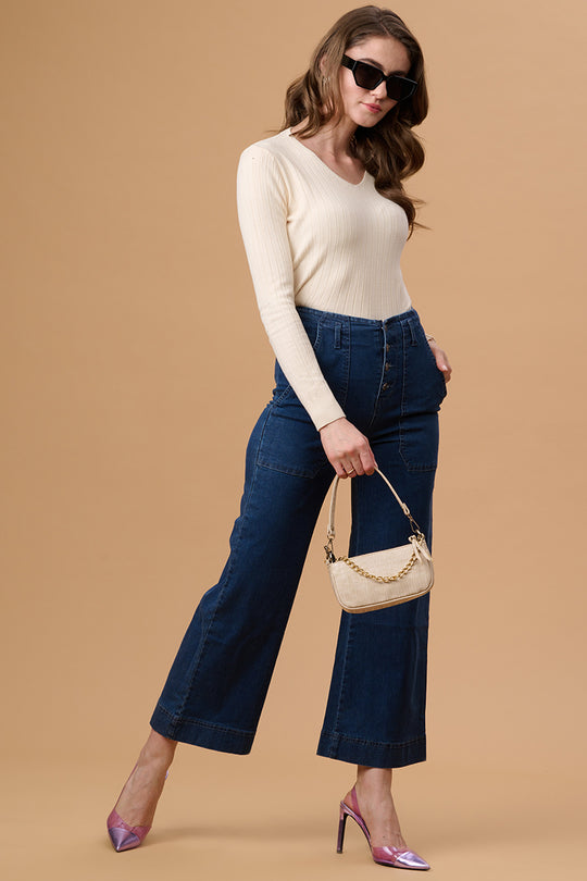 Gipsy Women V-Neck Regular  Full Sleeves Acrylic Fabric Cream Sweaters