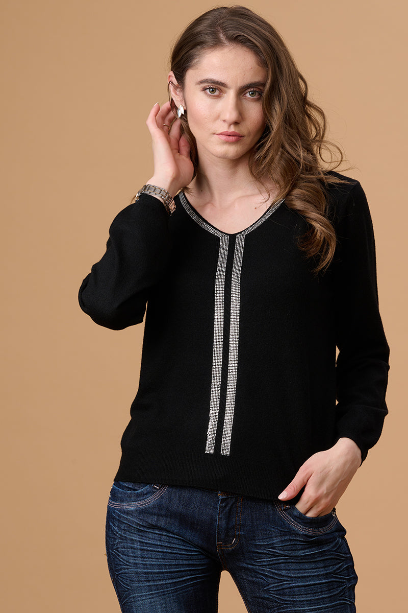 Gipsy Women V-Neck Regular  Full Sleeves Acrylic Fabric Black Sweaters
