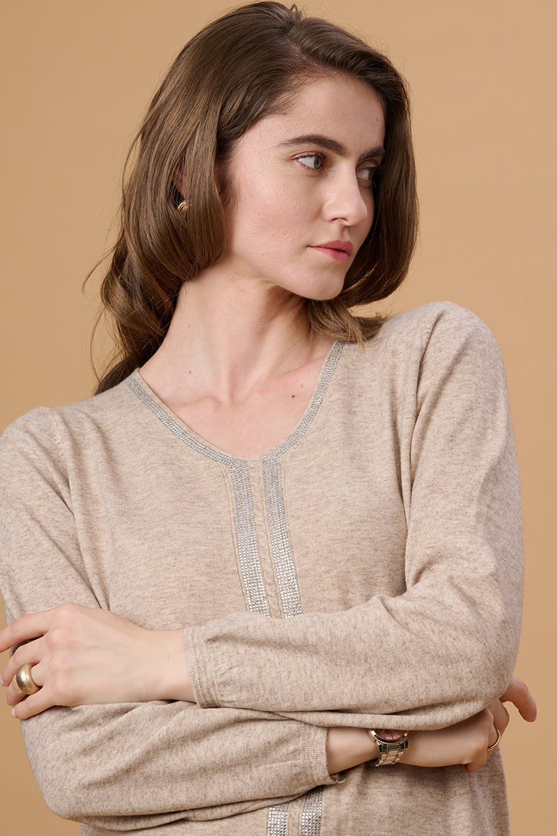 Gipsy Women V-Neck Regular  Full Sleeves Acrylic Fabric Khaki Sweaters