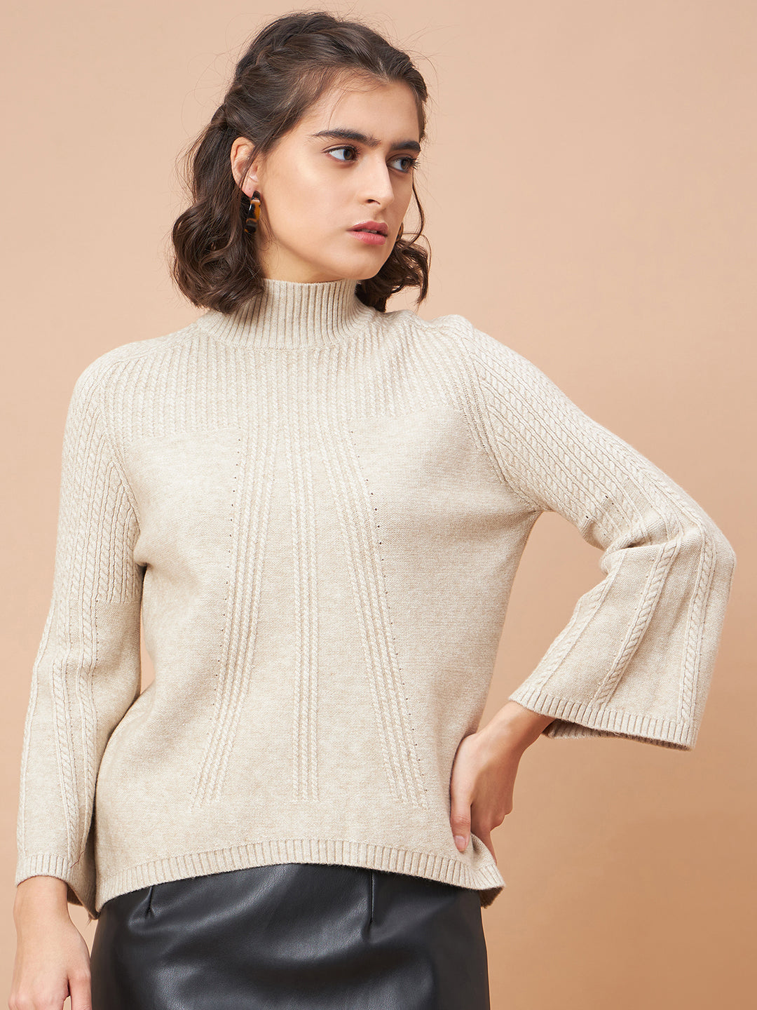 Gipsy Women Crew Neck Straight Full Sleeve Acrylic Fabric Khaki Sweaters